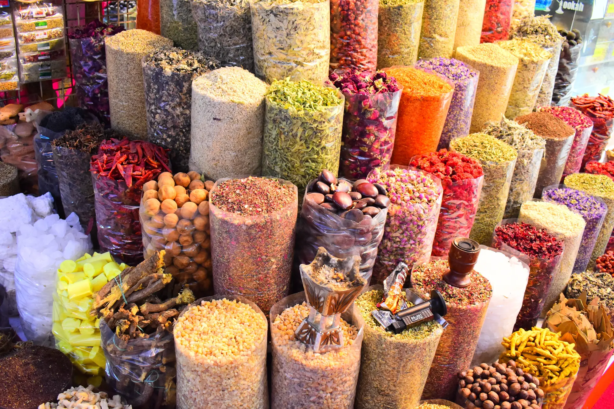 Market stalls with dates, spices and dried fruit